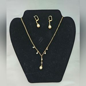 NWOT 1928 Faux Pearl Y Necklace and Earrings, Goldtone